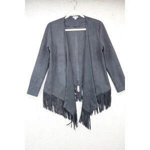 Timing Faux Suede Open Front Fringed Cardigan-Size Small-Boho-Goth